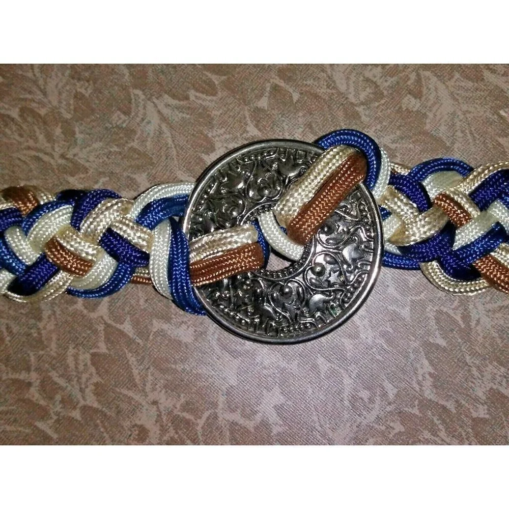 Womens Braided rope belt M/L Vintage Blue brown ivory, Silver ornate buckle Boho